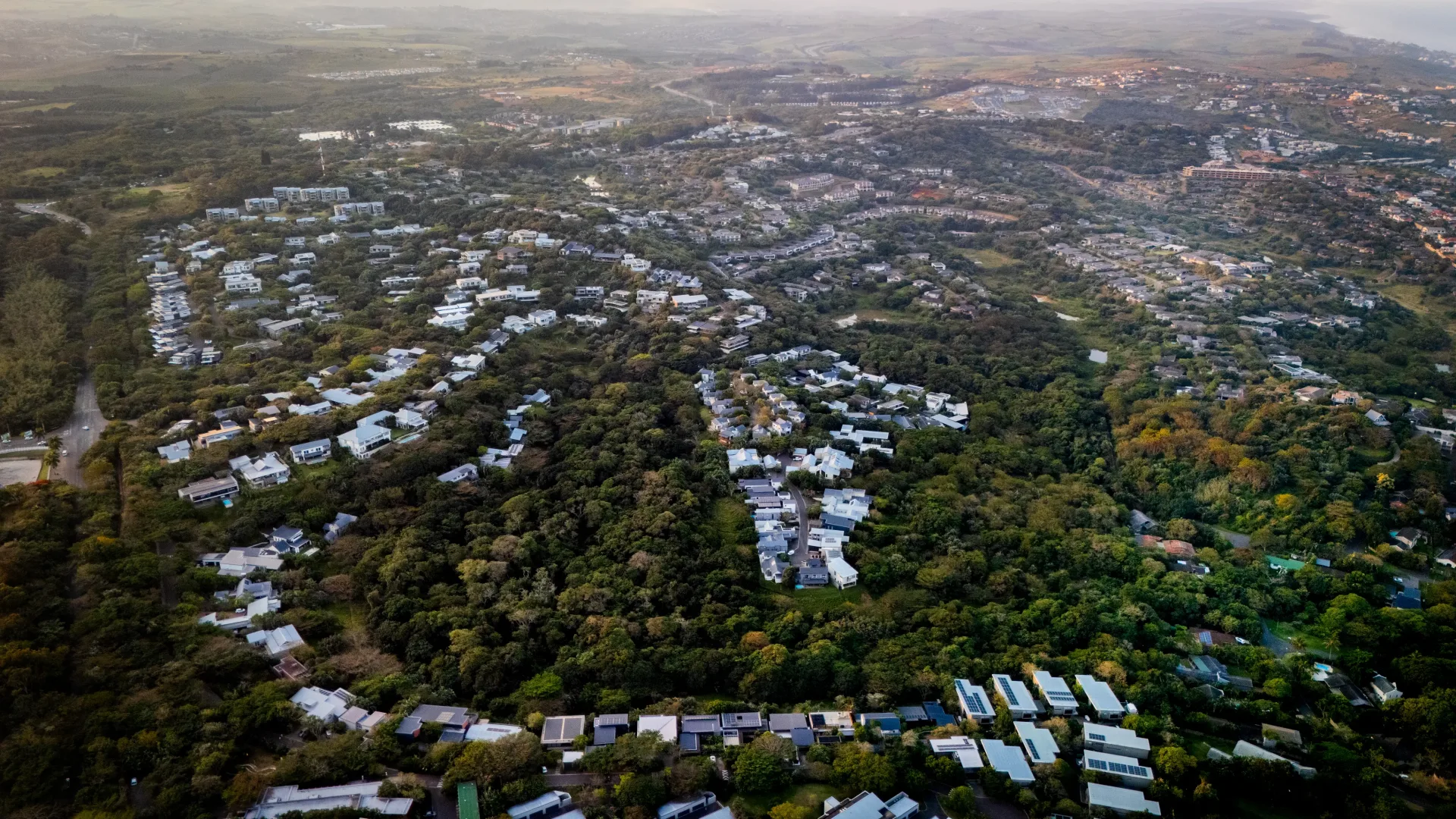 Dunkirk Estate from the air, homes set among established coastal forest above the sea