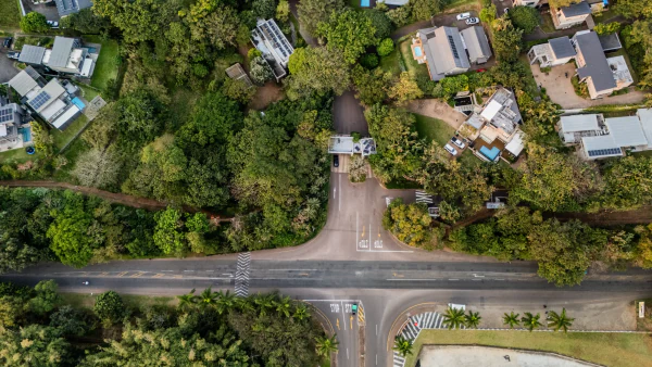 Dunkirk Estate from the air, homes hidden among the coastal forest