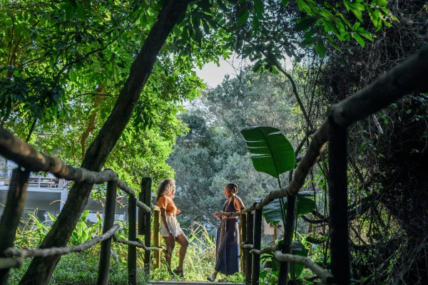 Two residents at the fence line under the forest canopy