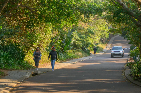 Residents walking a tree-lined avenue through the estate