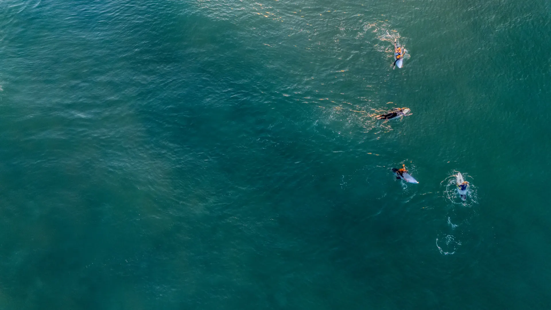 Surfers waiting in the line-up off Salt Rock, seen from above
