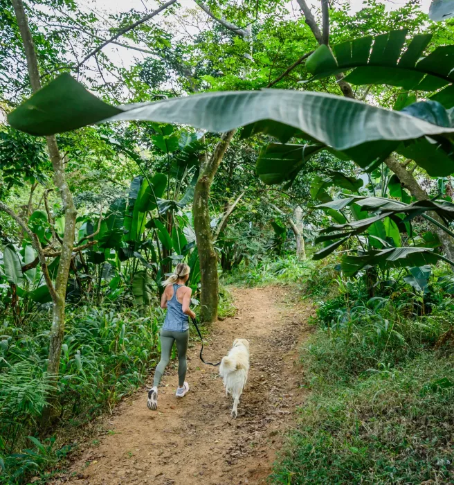 A resident walking her dog on a forest trail through the estate